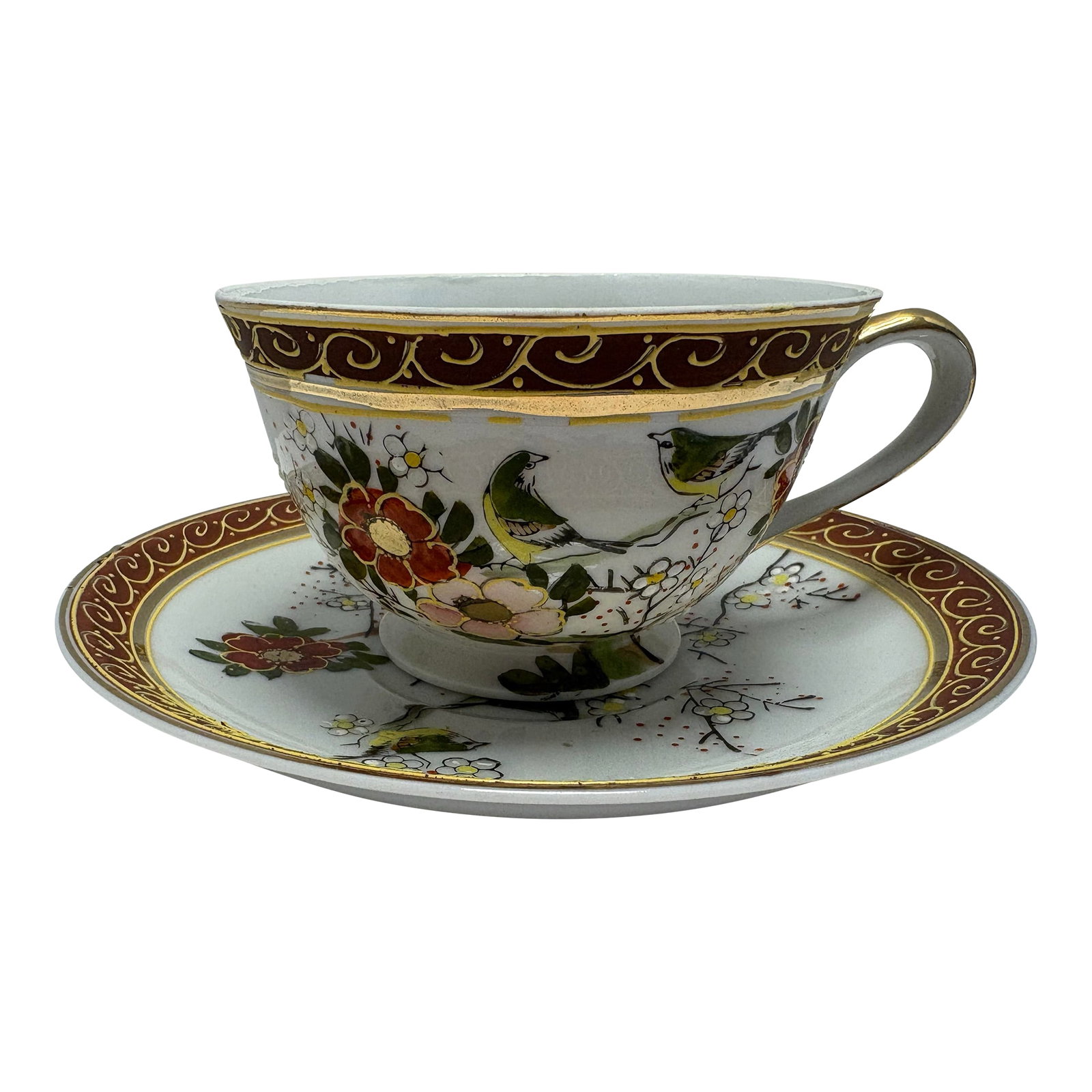 Vintage Taiei Japan Teacup & Saucer | Bird Floral Porcelain Tea Cup | Burgundy Gold Scroll Trim | Hi: Stunning vintage Taiei Japan porcelain teacup and saucer set featuring a delicate bird and floral design with rich burgundy banding and elegant gold scroll trim. What makes this cup extra special is