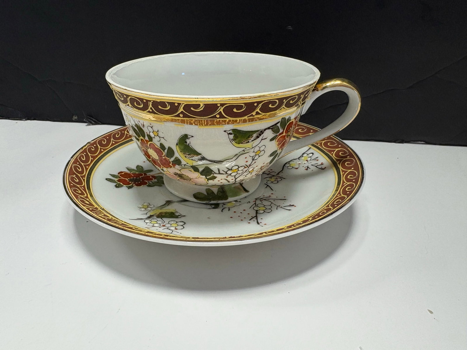 Vintage Taiei Japan Teacup & Saucer | Bird Floral Porcelain Tea Cup | Burgundy Gold Scroll Trim | Hi - 2