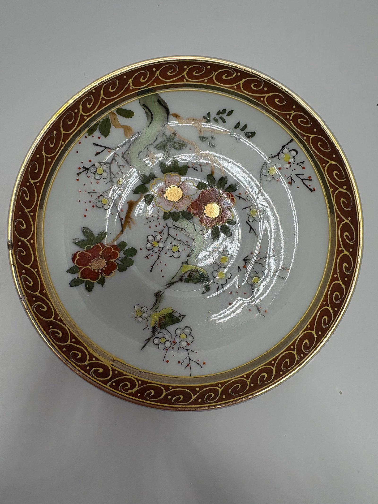 Vintage Taiei Japan Teacup & Saucer | Bird Floral Porcelain Tea Cup | Burgundy Gold Scroll Trim | Hi - 5