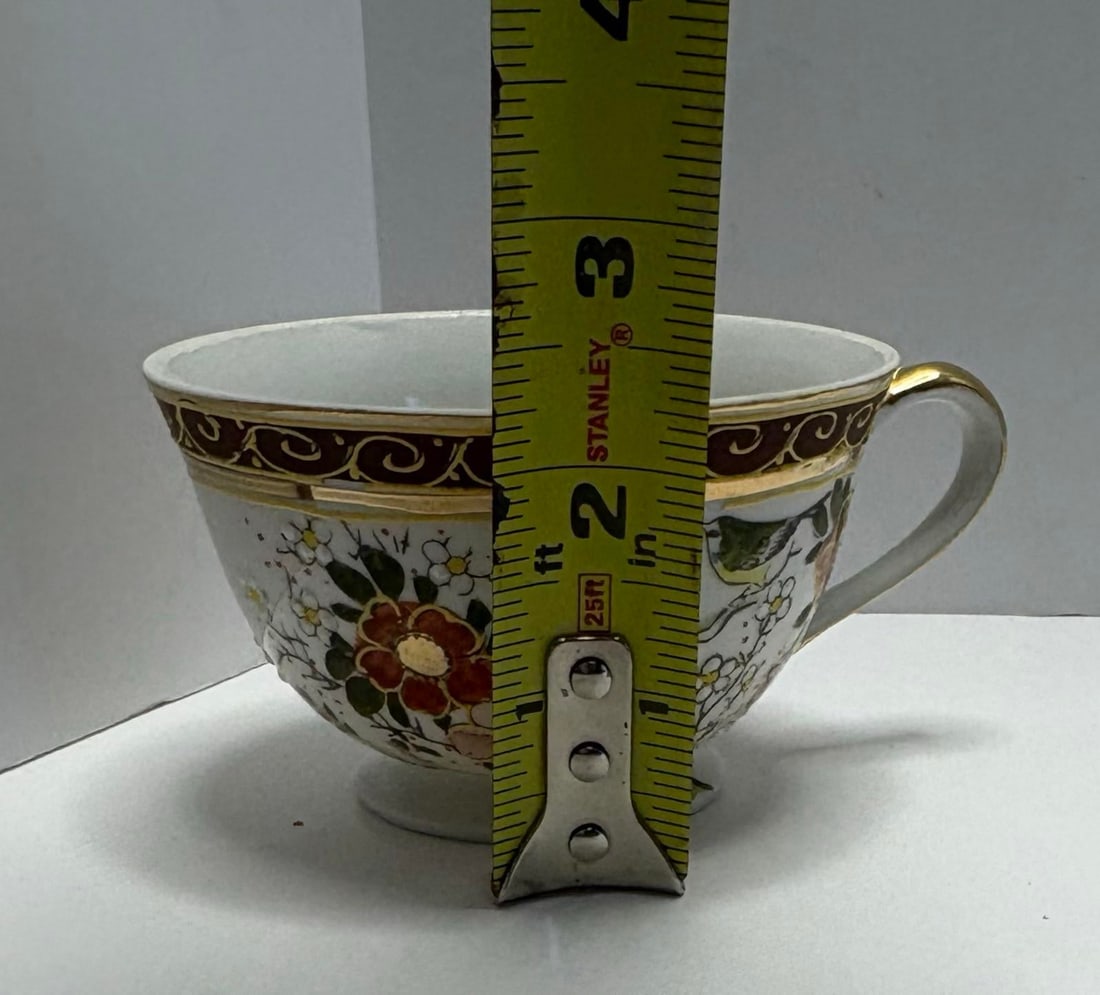Vintage Taiei Japan Teacup & Saucer | Bird Floral Porcelain Tea Cup | Burgundy Gold Scroll Trim | Hi - 6