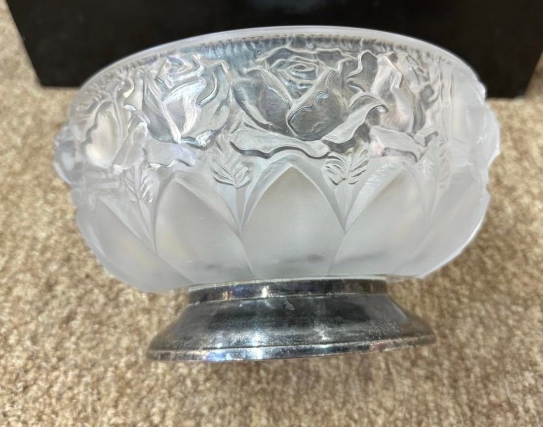 Fine Lead Frosted Crystal 8 1/2" Bowl With Silver Plated Base Vintage - 3