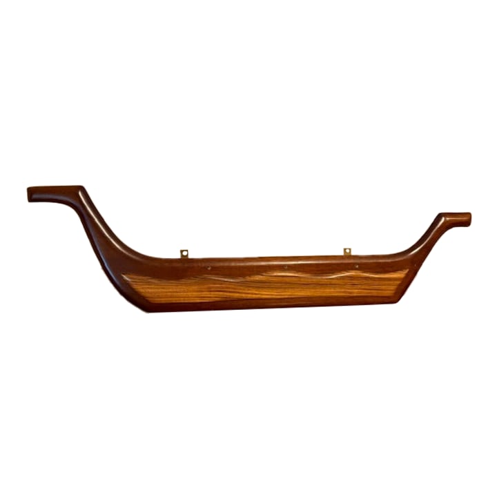 1960s Wooden Canoe Wall Decor With Metal Paddles - Rustic Decor: Charming wooden canoe-shaped decorative planter with three metal paddle accents. Beautiful wood grain finish with carved handle details on both ends. Features: * Rich wood tone with visible grain