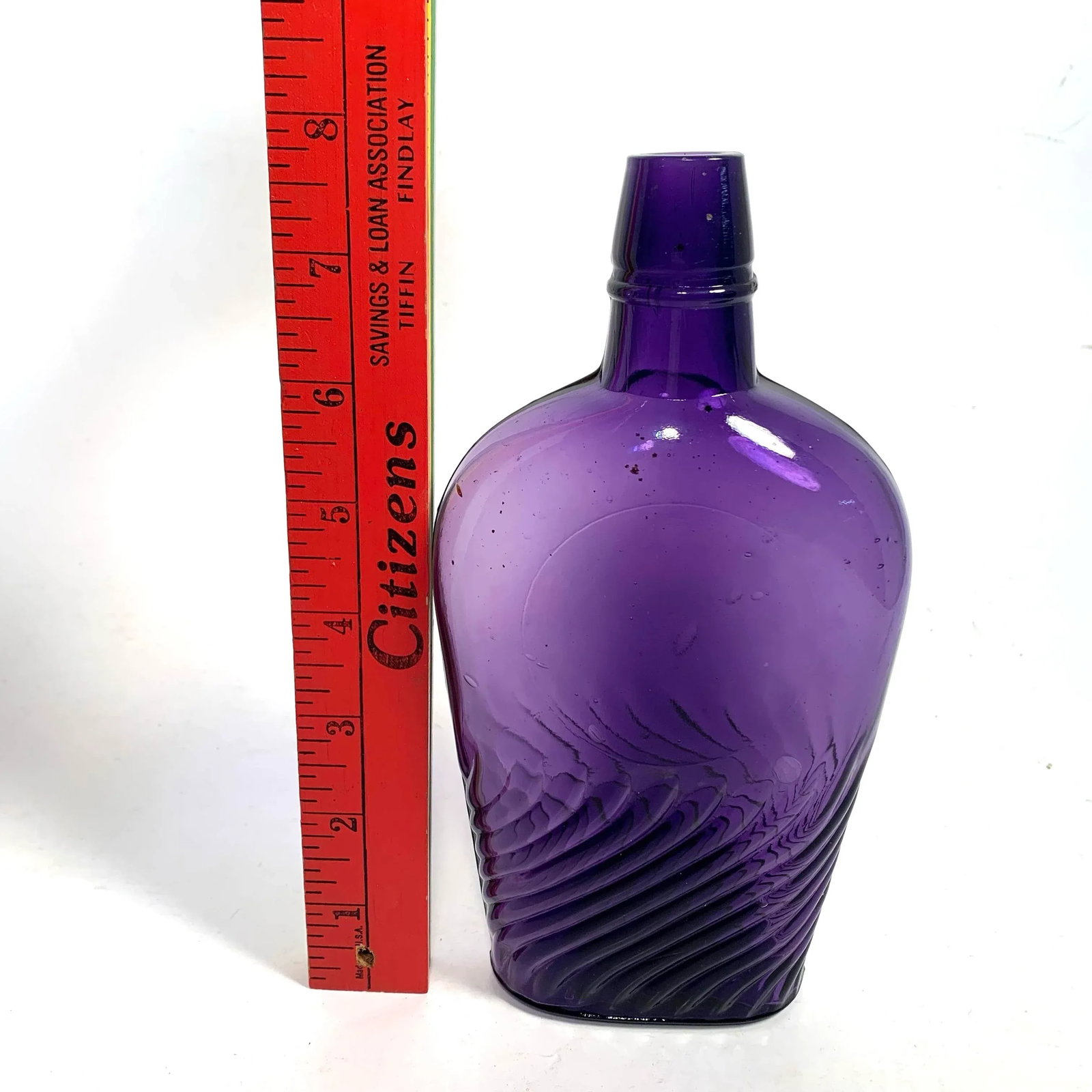 Circa 1900 Amethyst Swirl Glass Whiskey Flask Bottle - 12