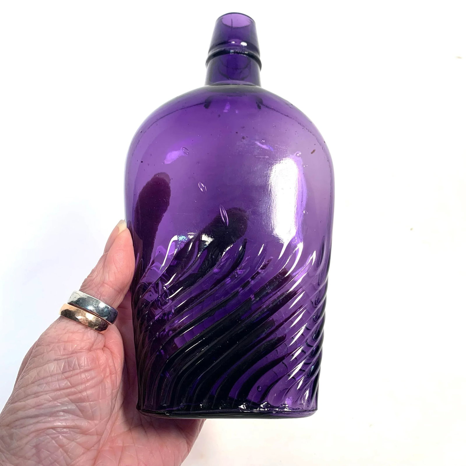 Circa 1900 Amethyst Swirl Glass Whiskey Flask Bottle - 5