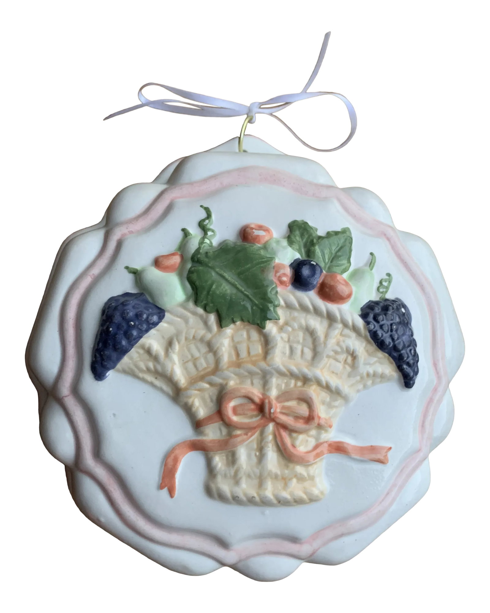 1980s Ceramic Hand Painted Wall Decor: Ceramic hand painted. Jello mold / wall hanging. From a large collection displayed on walls. Measures 8"x8.5" x3.25" Condition: Alterations: Original Condition Unaltered Imperfections: Some