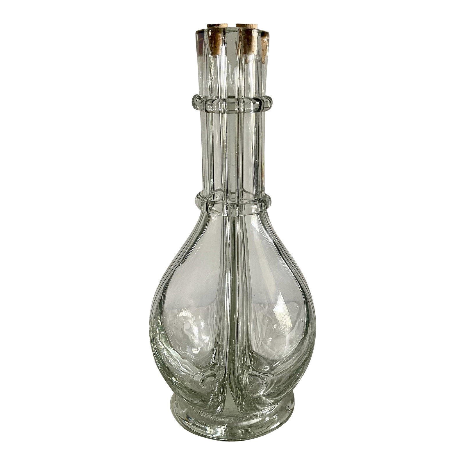 Vintage Four Chambered Glass Decanter: A mid century clear glass quartet decanter with corks. Ships within 1-2 days using USPS. All items packed with care. Please contact us with any questions. Arrives within 2-5 business days after receiv