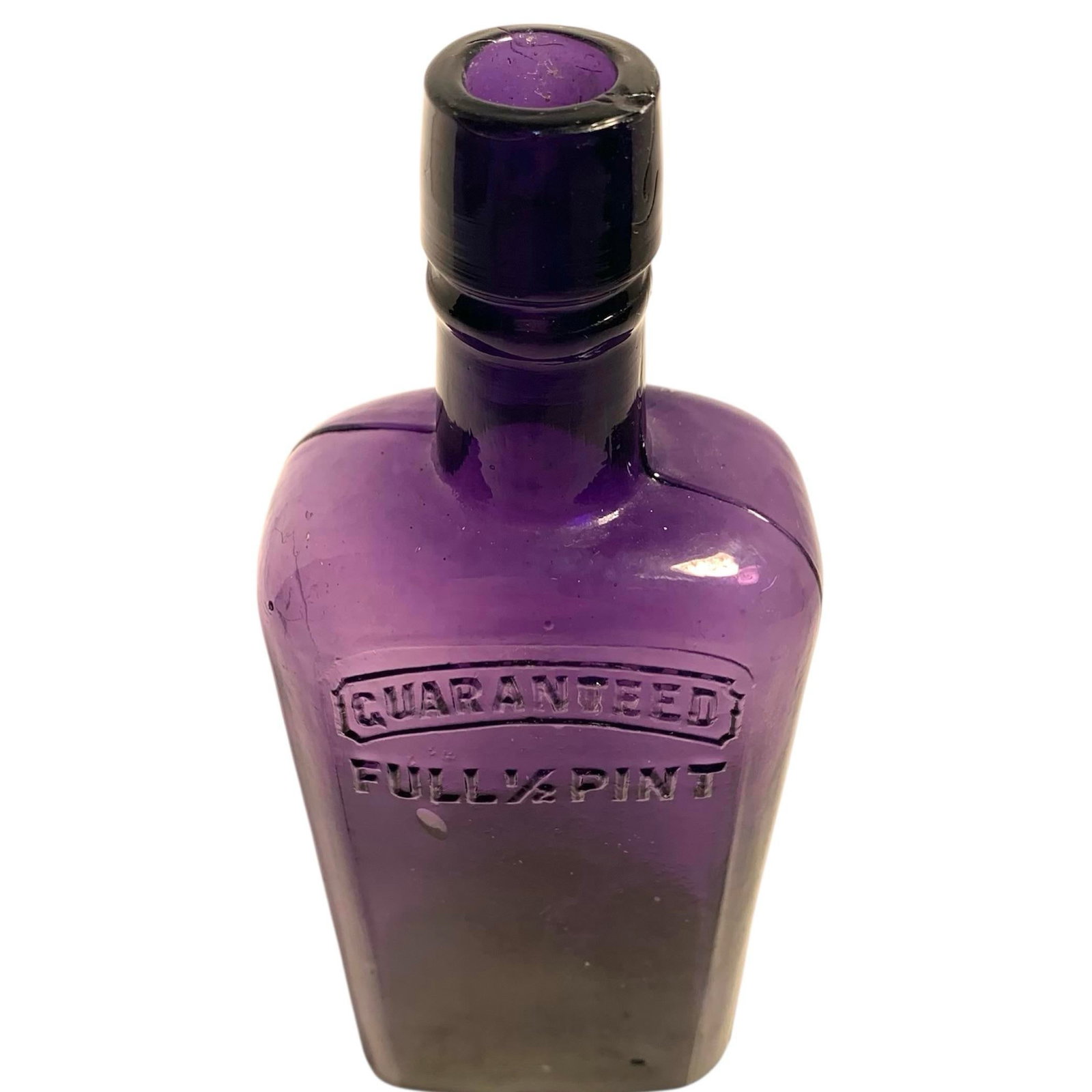 Early 20th C. Amethyst Embossed Half-Pint Whiskey Bottle - 11