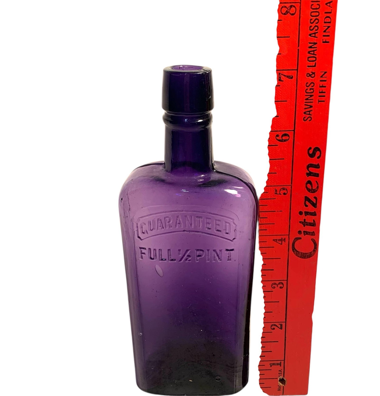 Early 20th C. Amethyst Embossed Half-Pint Whiskey Bottle - 5