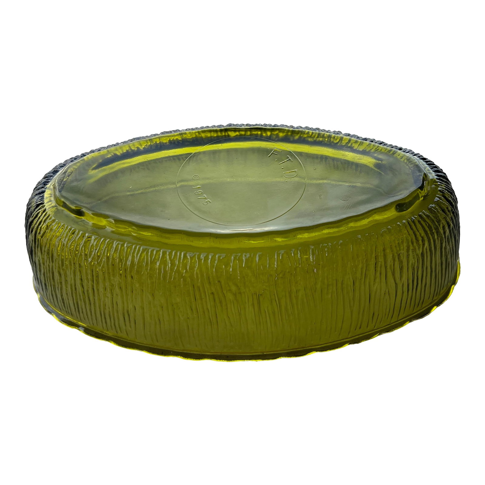 1970s Mid Century Green Oval Glass Bowl Dish: Vintage FTD 1975 Avocado Green Oval Glass Bowl Vertical Striped Pattern. Original for a flower arrangement. Can be used for as a catch all dish, a serving dish, candles as centerpiece and more . Condi