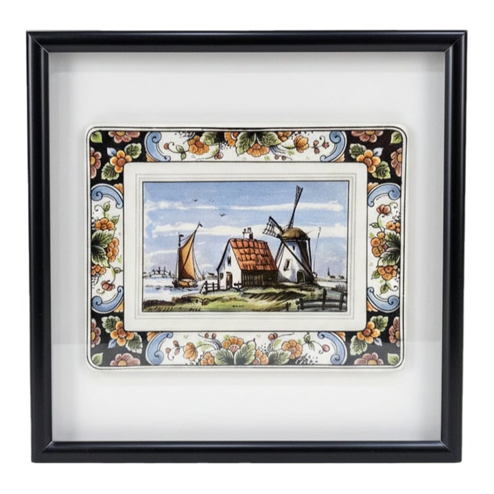 Westraven Delft Hand-Painted Dutch Landscape Plaque in Black Frame, Art 24-102: Celebrate classic Dutch craftsmanship with this charming Westraven Delft porcelain wall plaque, Art. 24-102, hand-painted with a polychrome landscape of a windmill, sailboat, and farmhouse against a