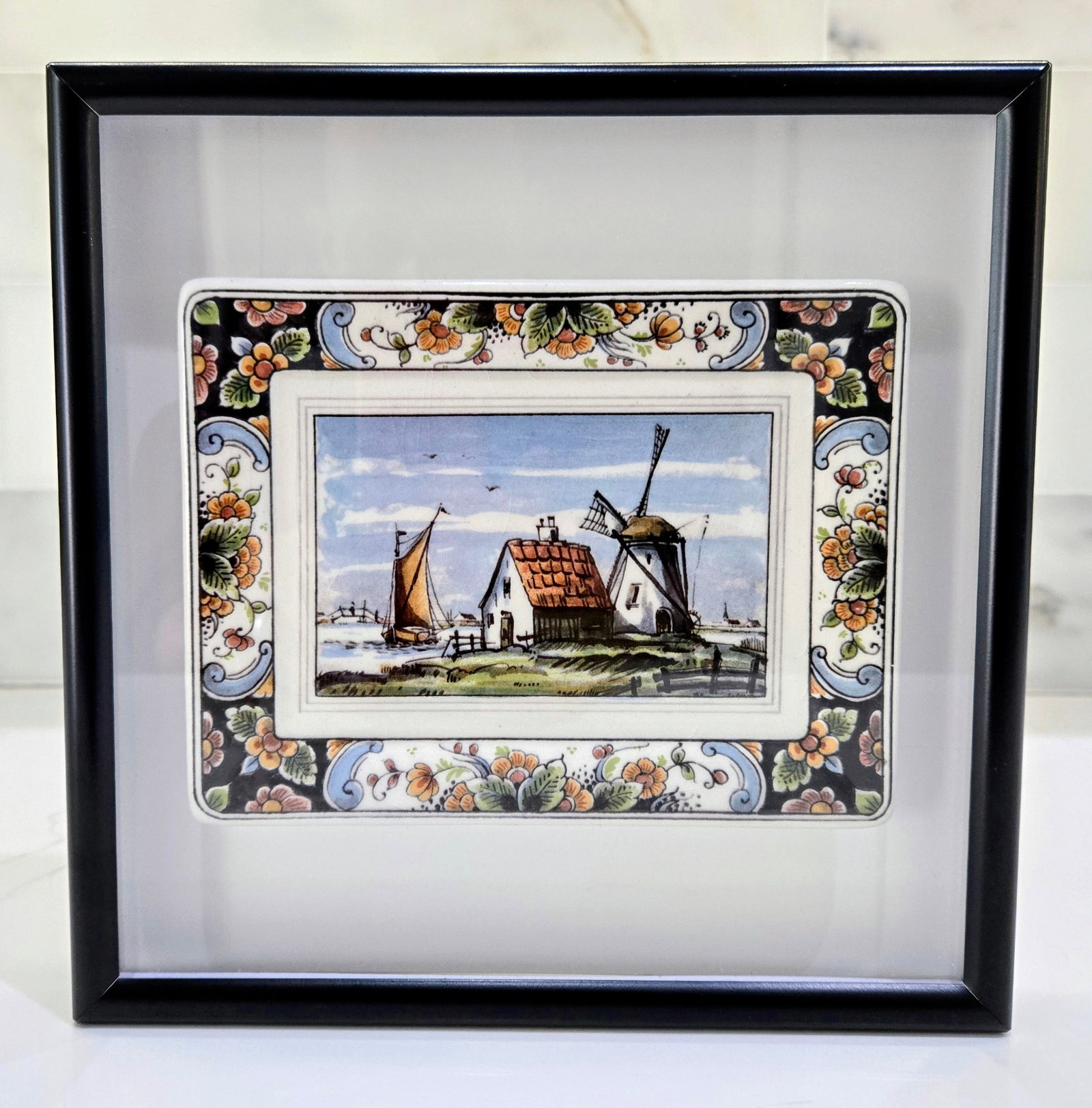Westraven Delft Hand-Painted Dutch Landscape Plaque in Black Frame, Art 24-102 - 2