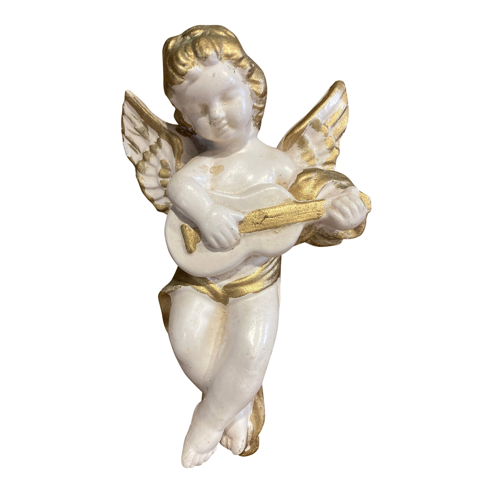 Vintage White & Gold Ceramic Cherub Angel Playing Guitar: A beautifully detailed vintage cherub angel figurine featuring a sweet angel playing a guitar, with soft gold accents highlighting its wings, hair, and draped garment. This delicate piece embodies