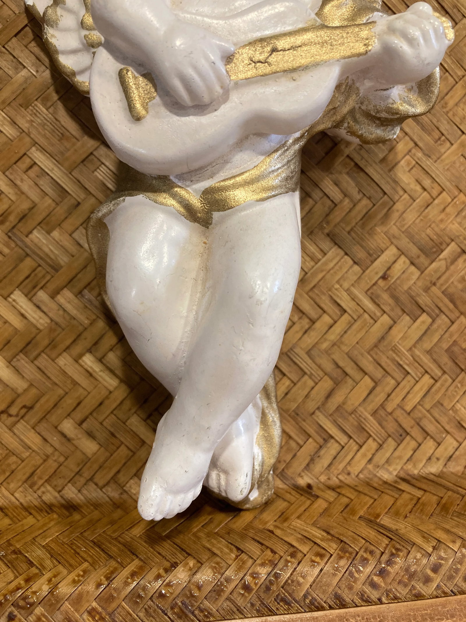 Vintage White & Gold Ceramic Cherub Angel Playing Guitar - 4