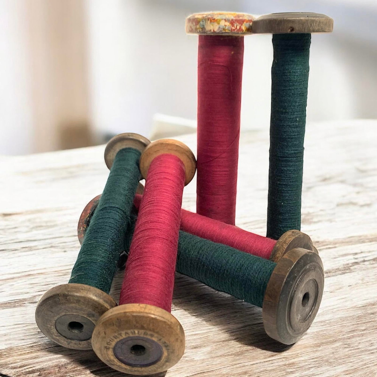 Circa 1950 Wood and Metal Textile Mill Bobbins Set of Six Red and Green - 2