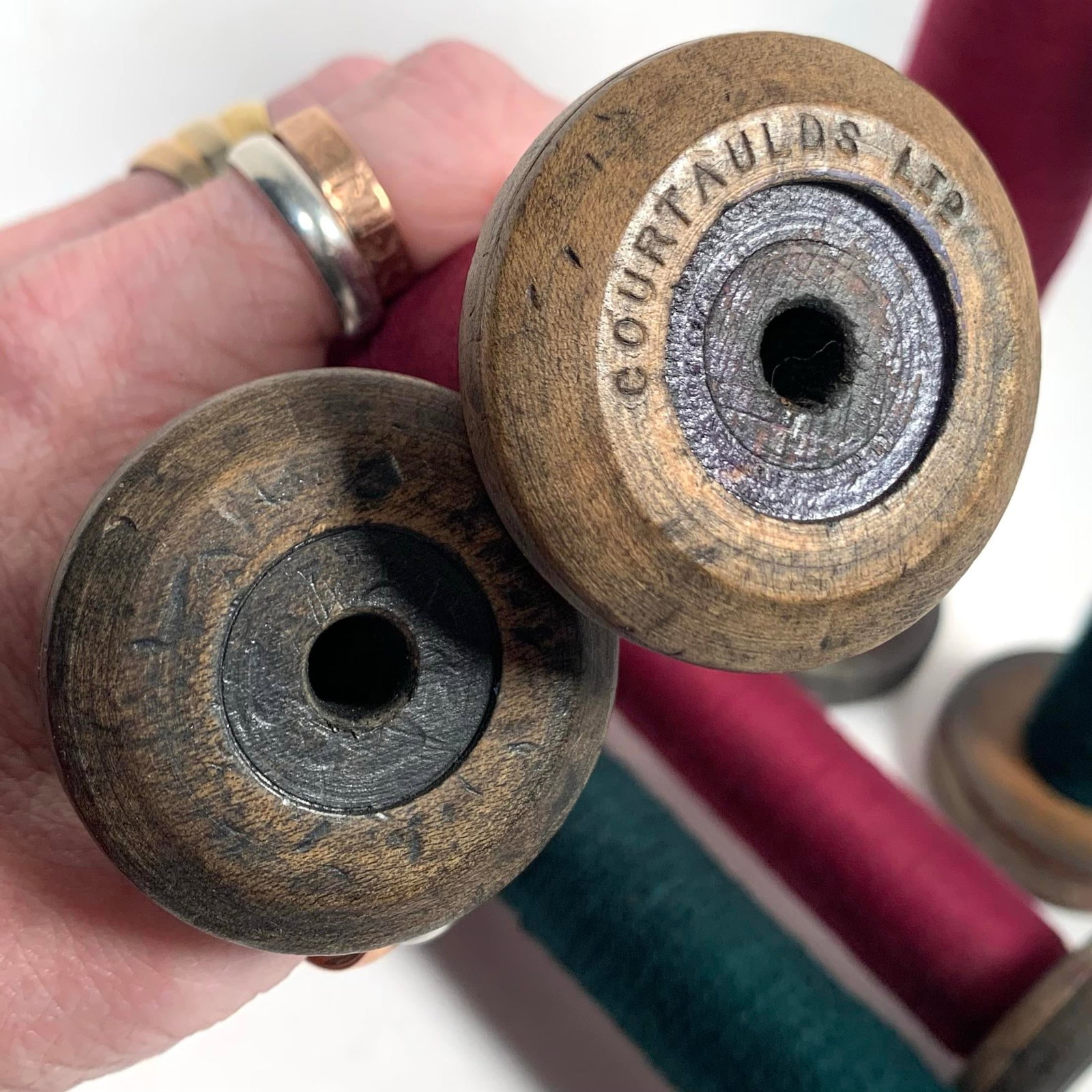 Circa 1950 Wood and Metal Textile Mill Bobbins Set of Six Red and Green - 3