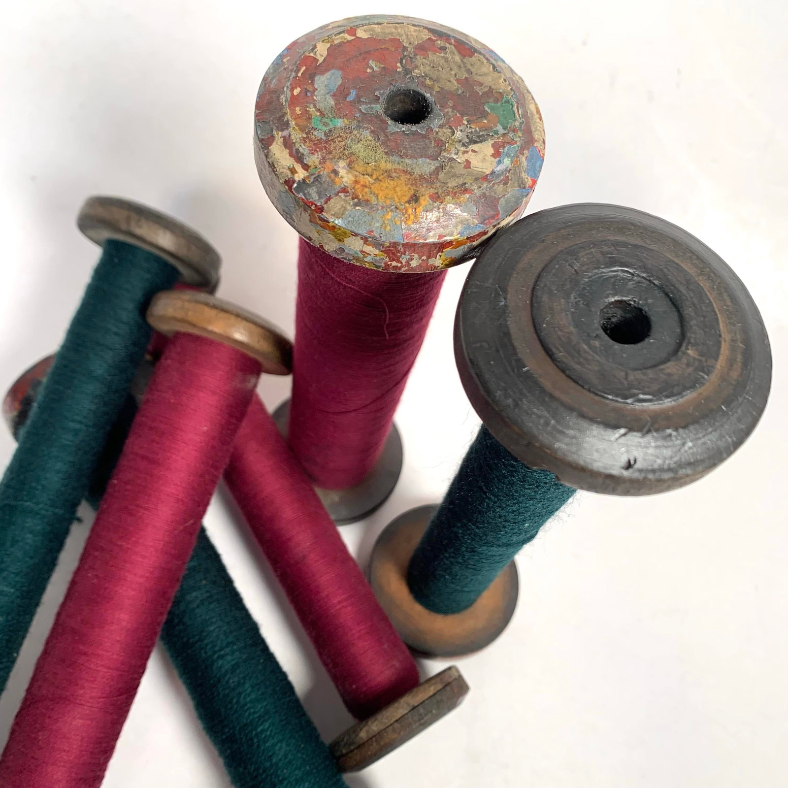 Circa 1950 Wood and Metal Textile Mill Bobbins Set of Six Red and Green - 4