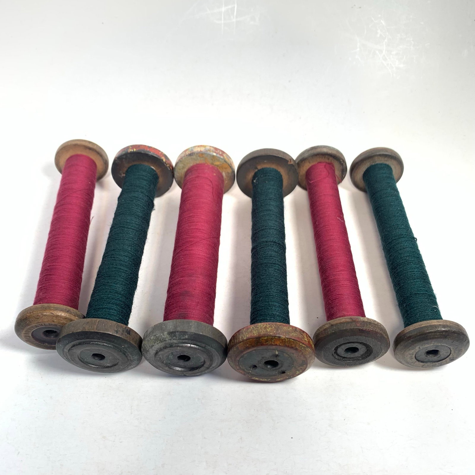 Circa 1950 Wood and Metal Textile Mill Bobbins Set of Six Red and Green - 5