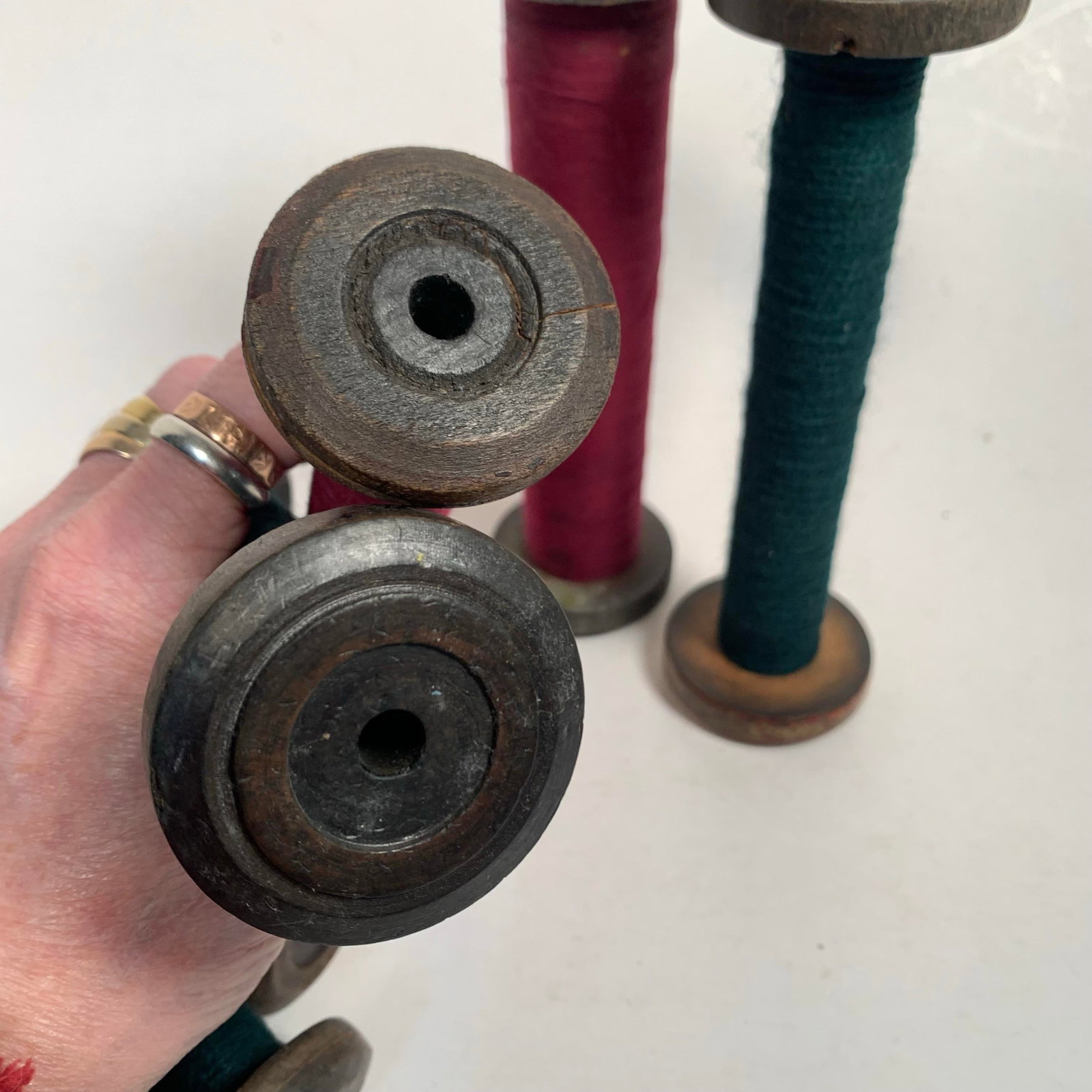 Circa 1950 Wood and Metal Textile Mill Bobbins Set of Six Red and Green - 7