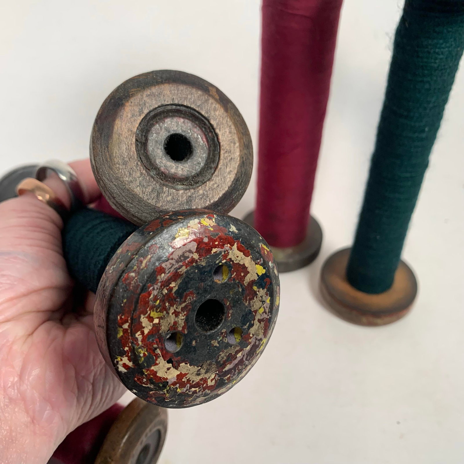 Circa 1950 Wood and Metal Textile Mill Bobbins Set of Six Red and Green - 8
