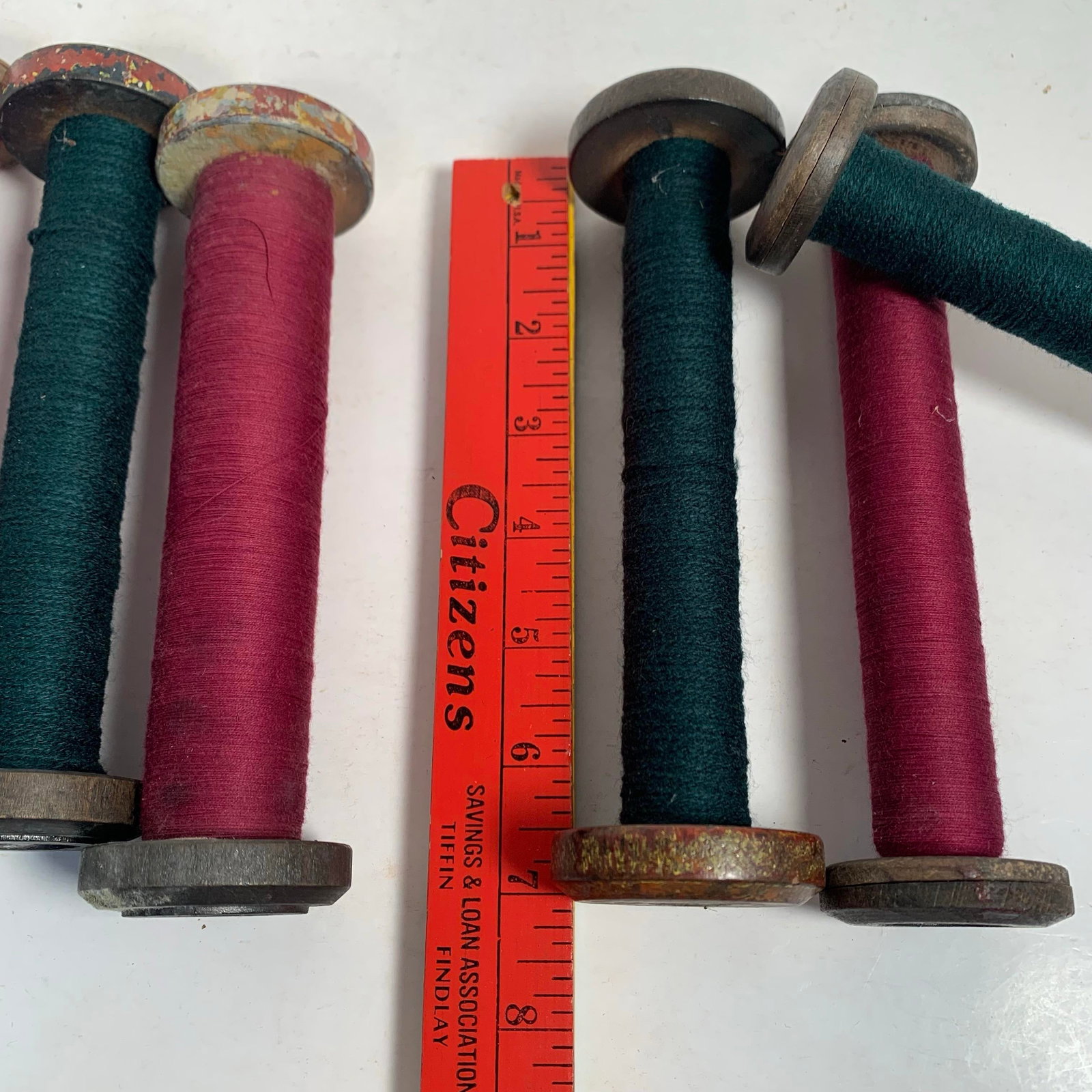 Circa 1950 Wood and Metal Textile Mill Bobbins Set of Six Red and Green - 9