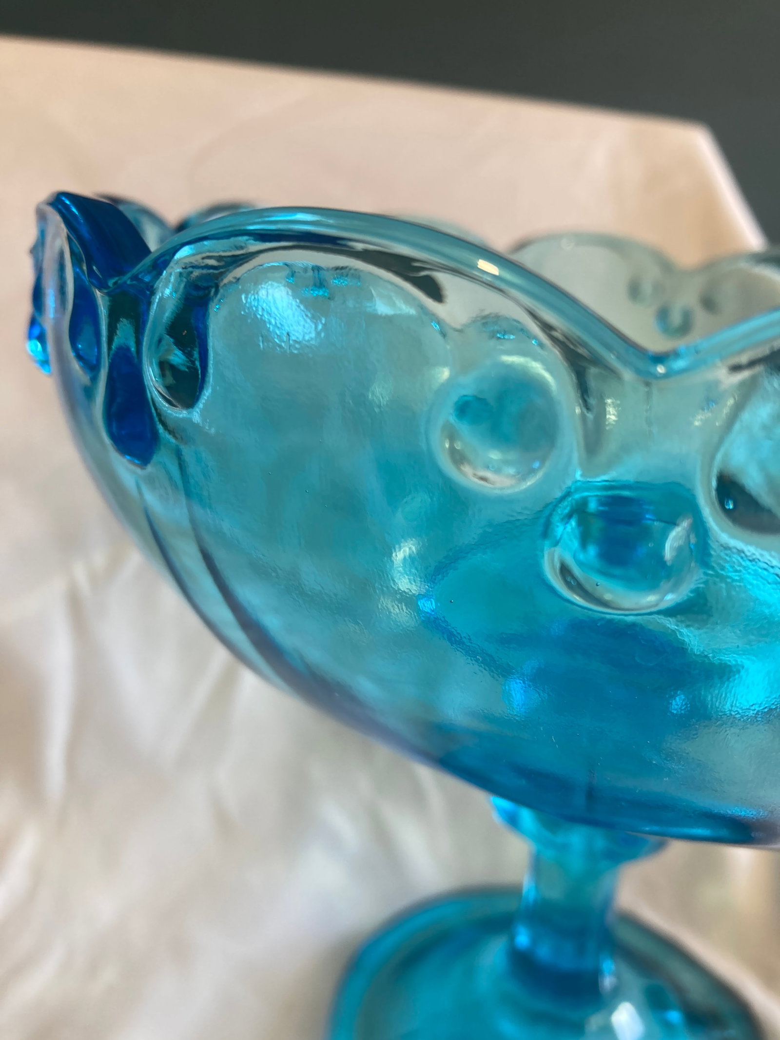 Vintage Aqua Blue Glass Compote With Scalloped Edge & Bubble Motif - 2