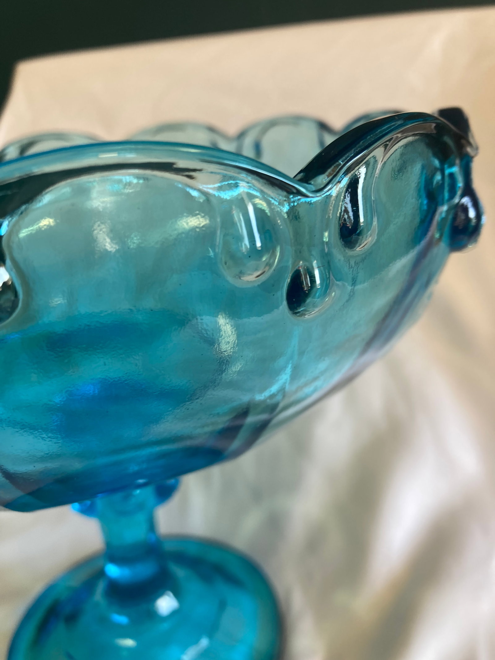 Vintage Aqua Blue Glass Compote With Scalloped Edge & Bubble Motif - 3
