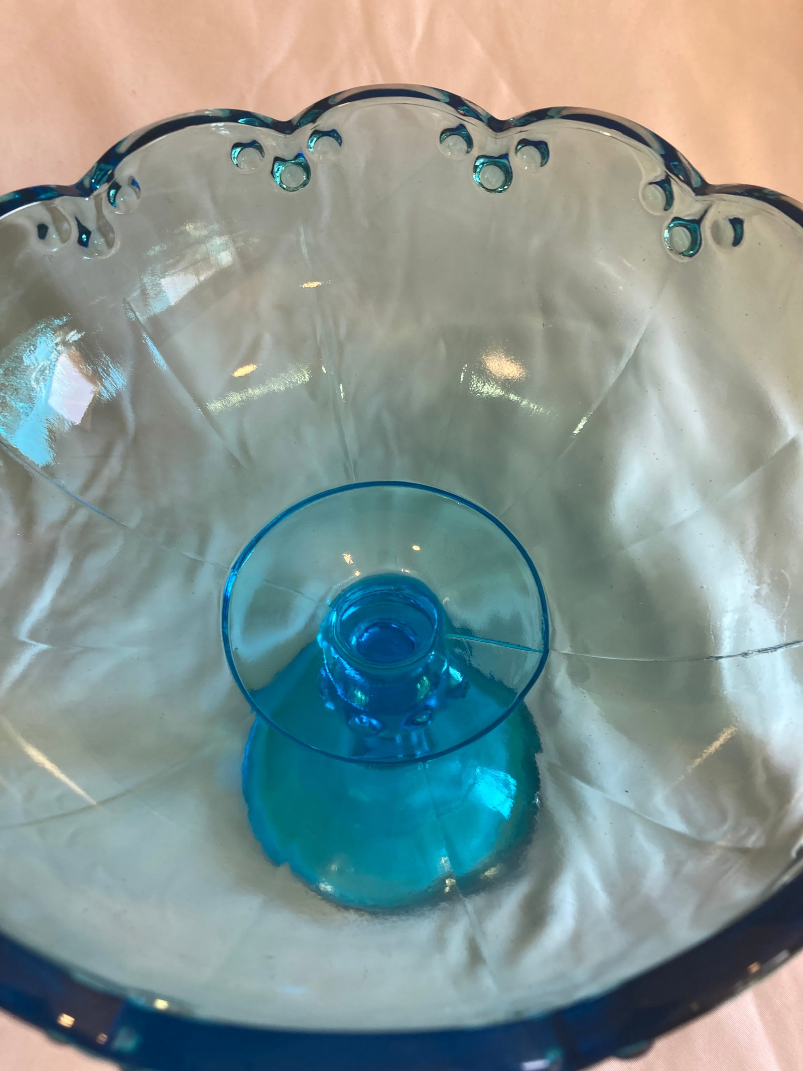 Vintage Aqua Blue Glass Compote With Scalloped Edge & Bubble Motif - 4