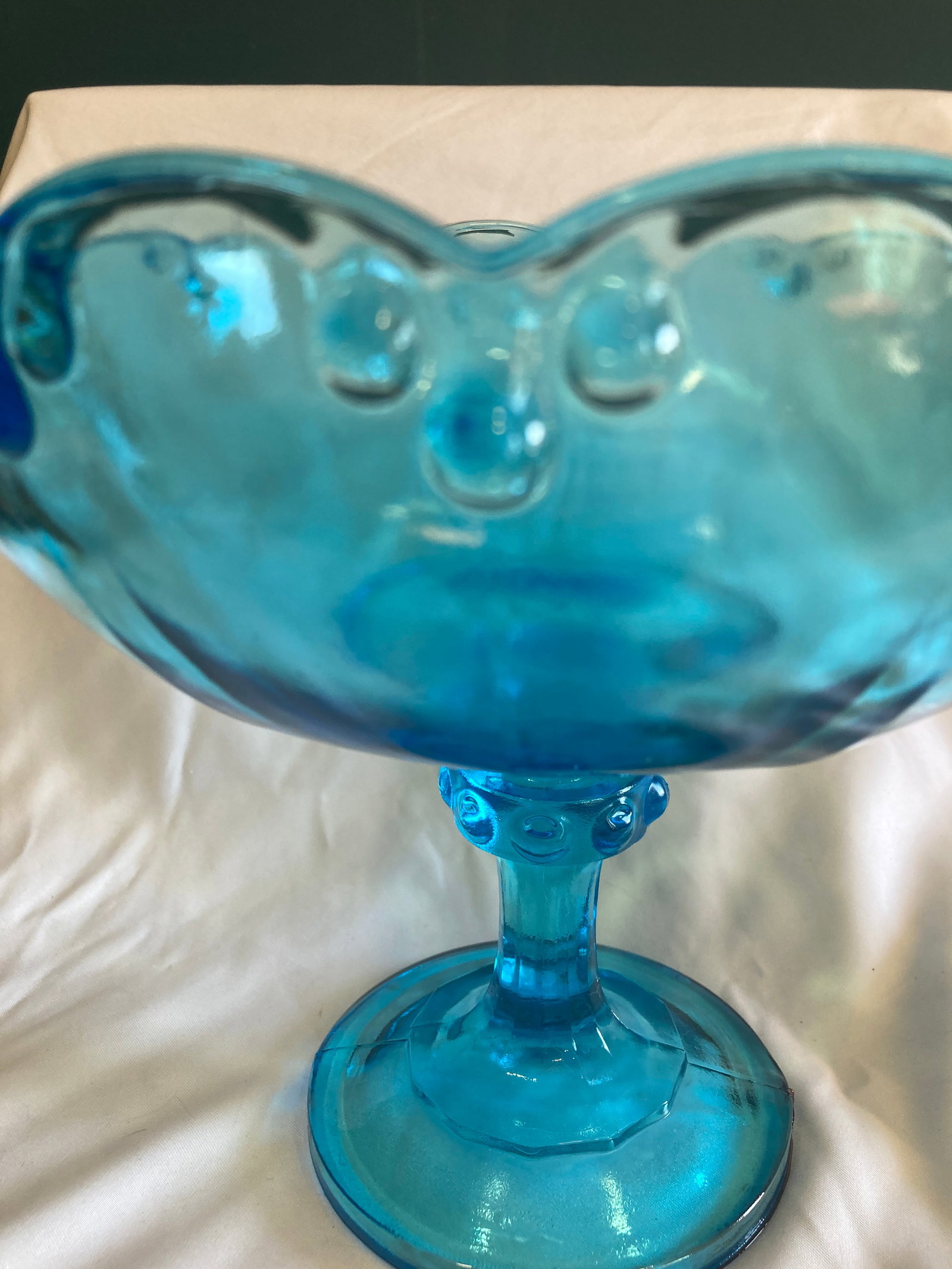 Vintage Aqua Blue Glass Compote With Scalloped Edge & Bubble Motif - 5