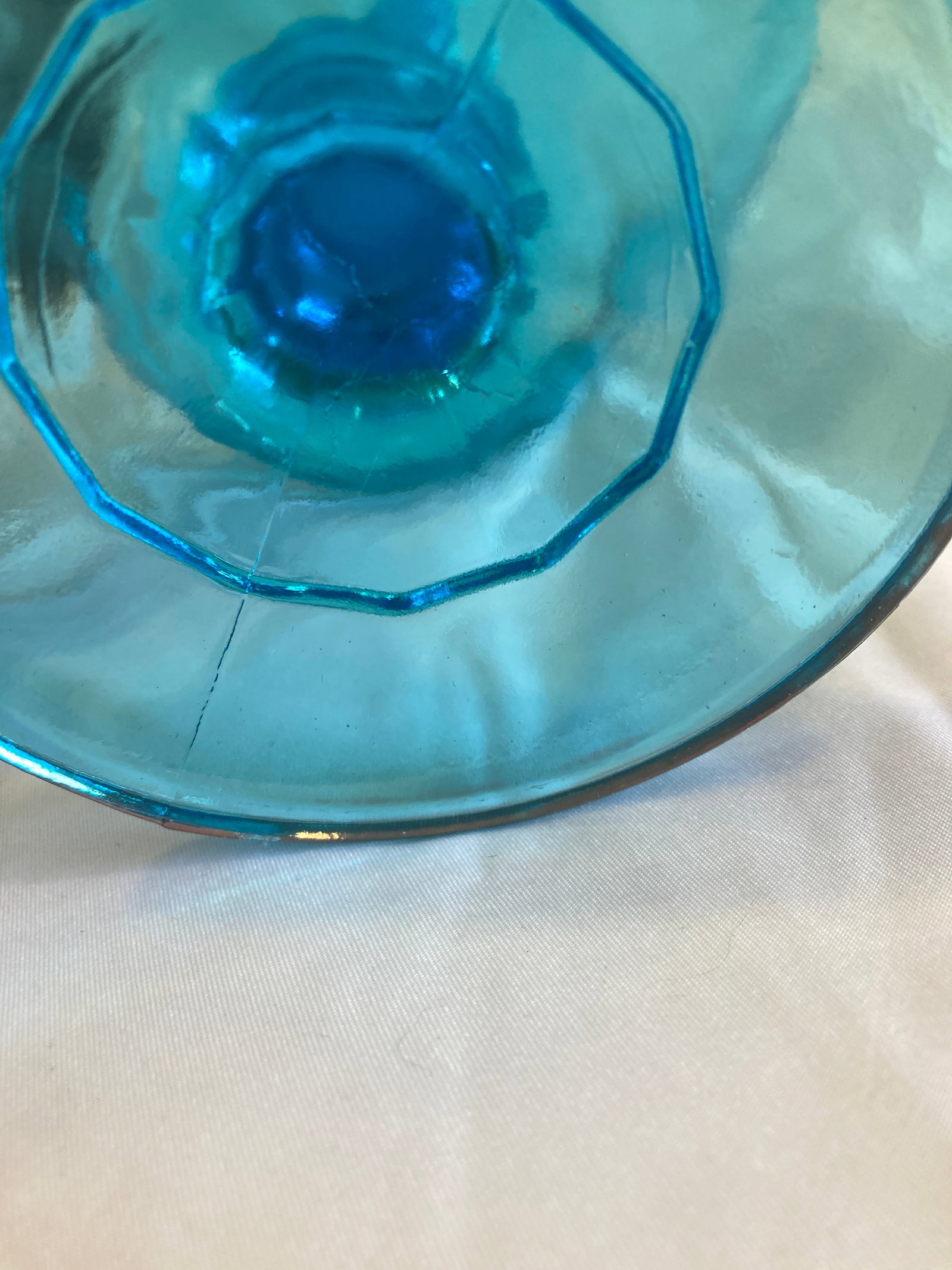 Vintage Aqua Blue Glass Compote With Scalloped Edge & Bubble Motif - 7
