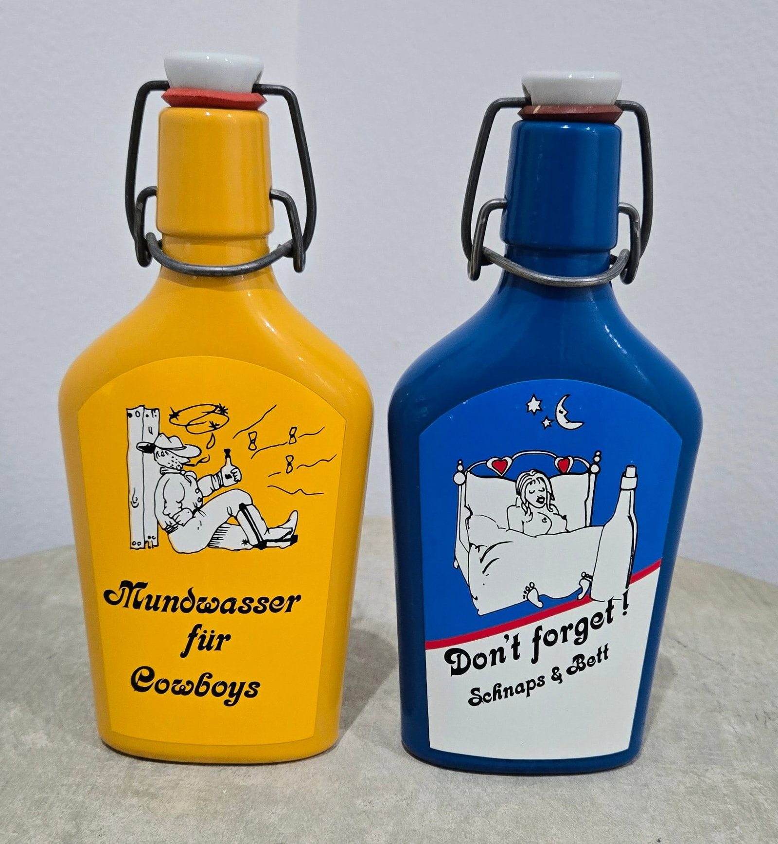 Vintage German Cartoon Schnapps Bottles - "Don't Forget" & "Mouthwash for Cowboys" Pair - 2