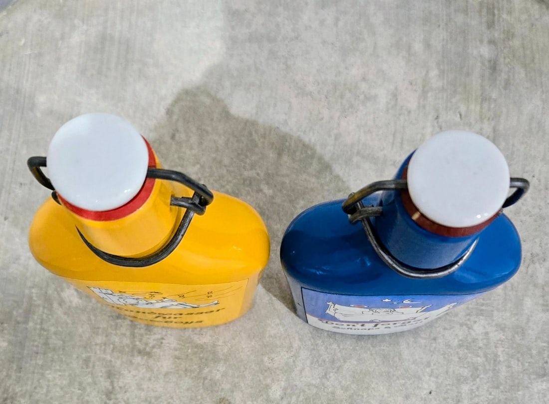 Vintage German Cartoon Schnapps Bottles - "Don't Forget" & "Mouthwash for Cowboys" Pair - 6