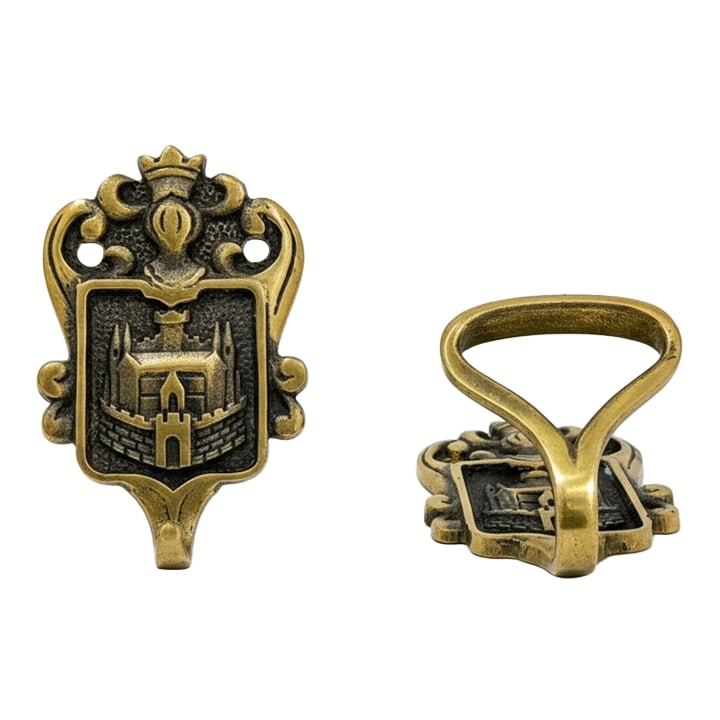 Early 20th Century Art Nouveau Brass Wall Hangers (2-Piece Set) - Royal Castle Coat of Arms Motif: This elegant pair of vintage solid brass wall hangers features a striking Royal Coat of Arms motif, highlighted by a castle emblem crowned with ornate scrollwork-a hallmark of Art Nouveau design. Orig