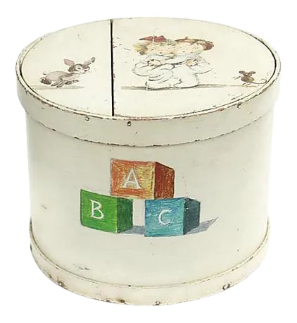 1930s Hand-Painted Child's Keepsake Box: Large 1930s hand-painted child's Americana keepsake pantry box. The lid has a painted image of two children, who appear to be startled by a bunny rabbit and a mouse, and the front has a painted image