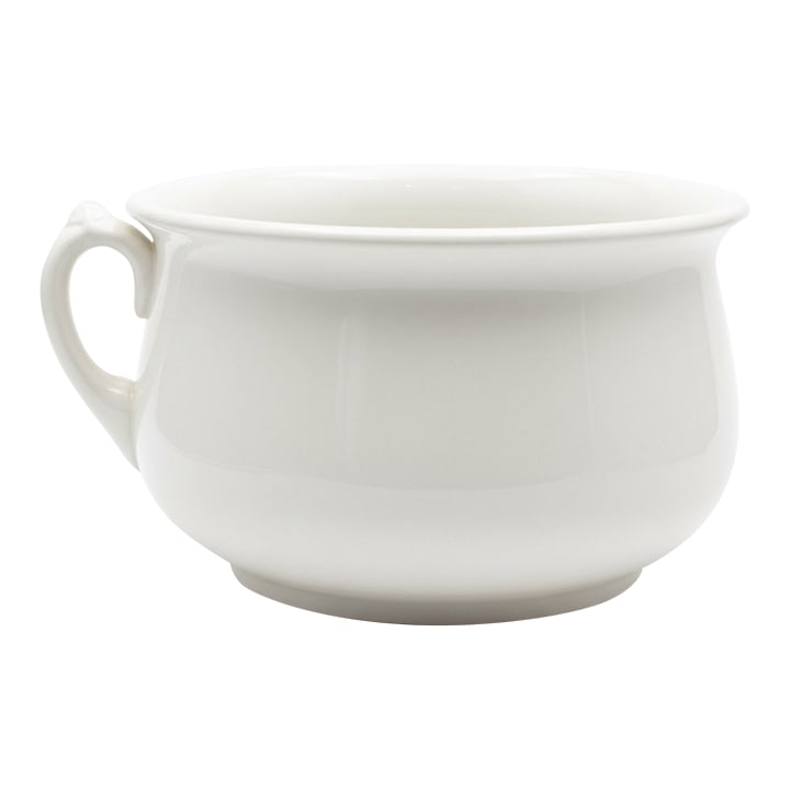 Homer Laughlin White Ironstone Chamber Pot Bowl, C. 1920s: This classic white ironstone chamber pot bowl was produced by Homer Laughlin in the United States, circa 1920s, and features a molded rolled rim and simple loop handle for a clean, utilitarian