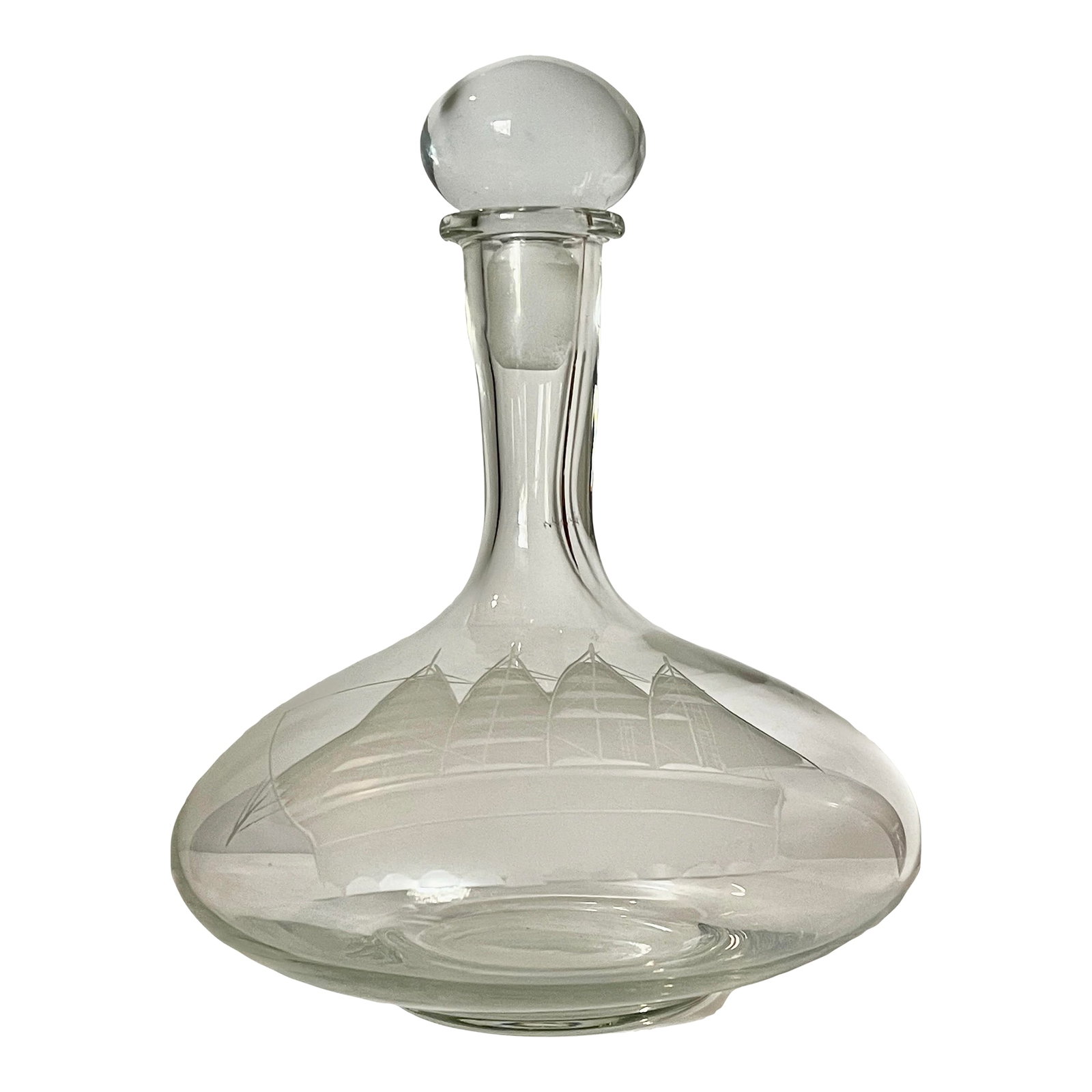 Vintage Etched Ship's Decanter: A wide bottom glass decanter in the style traditionally used at sea and decorated with an etched four masted sailing ship. Ships within 1-2 days using USPS. All items packed with care. Please contact 