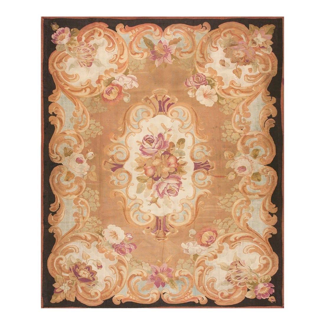 1850s Brown Medallion Floral Antique French Aubusson Carpet 8'10" X 10'10" Louis Philippe Period Woo: Mid-19th Century French Aubusson Carpet Louis Philippe Period 8'10" x 10'10" - 270 x 330 A striking antique earth-toned Aubusson, hand-woven in wool in France around 1850. This one-of-a-kind piece sho