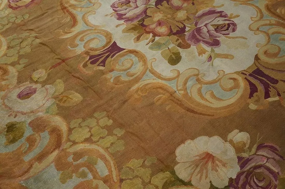 1850s Brown Medallion Floral Antique French Aubusson Carpet 8'10" X 10'10" Louis Philippe Period Woo - 3
