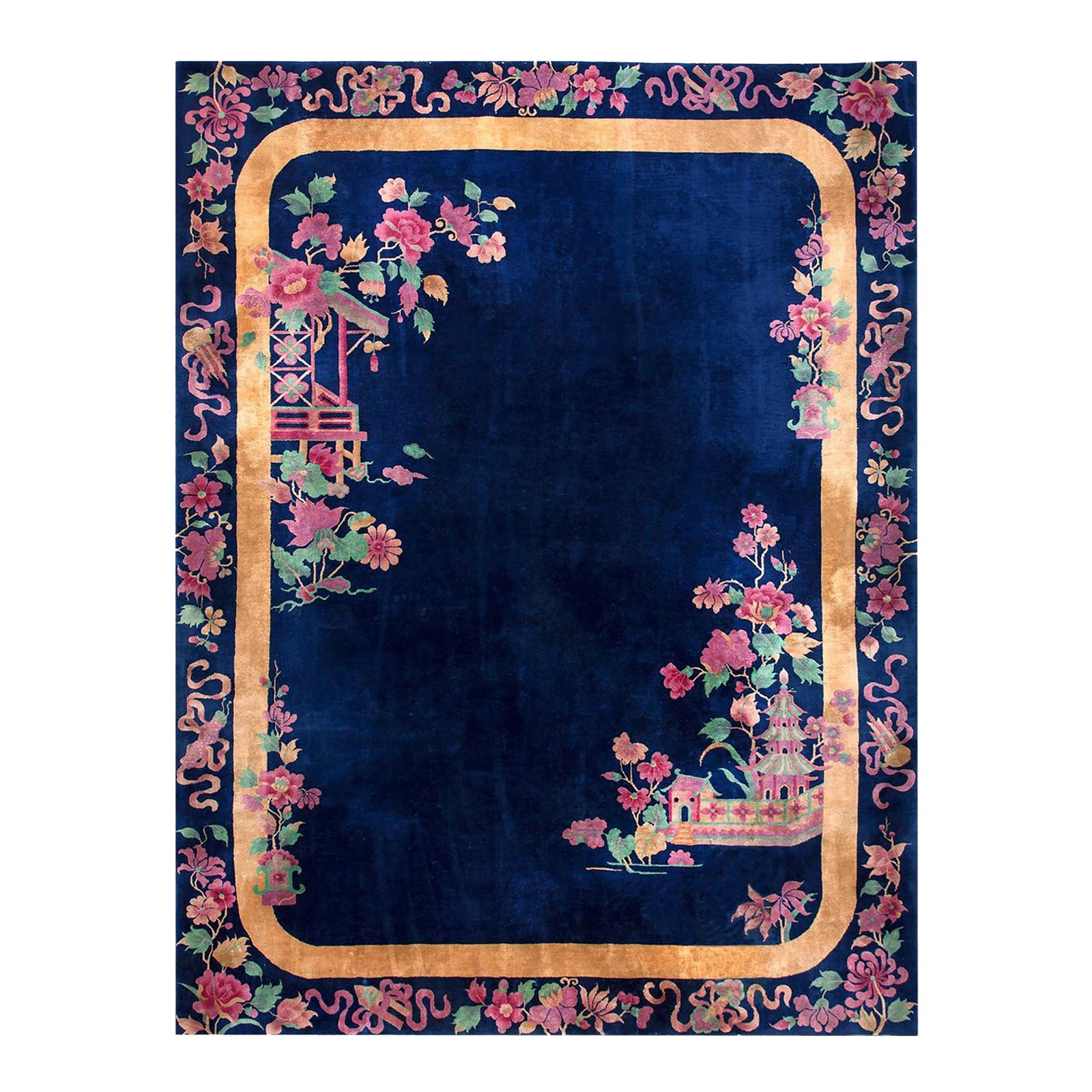 Pretty Navy Background Color With Flowers Border in a Chinoiserie Pattern Antique Chinese Art Deco R: The luminous deep blue diagonally open field makes a river scene of the two mini-landscapes of the walled-in pagoda and the open gazebo, each with flowering stems including lotuses and paeonies; and a