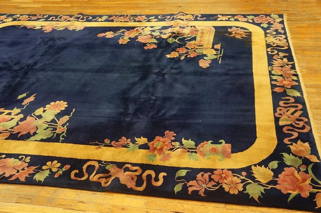 Pretty Navy Background Color With Flowers Border in a Chinoiserie Pattern Antique Chinese Art Deco R - 2