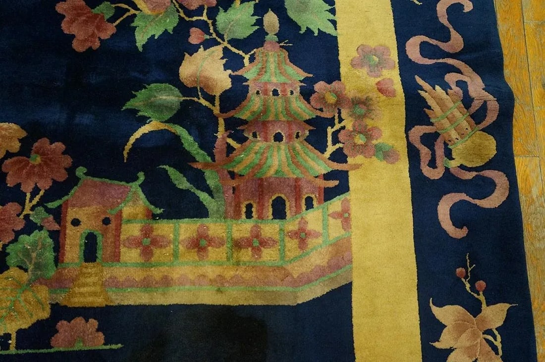 Pretty Navy Background Color With Flowers Border in a Chinoiserie Pattern Antique Chinese Art Deco R - 3