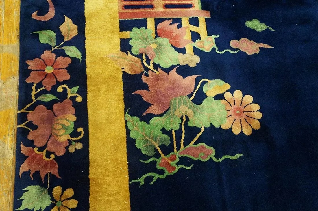 Pretty Navy Background Color With Flowers Border in a Chinoiserie Pattern Antique Chinese Art Deco R - 4
