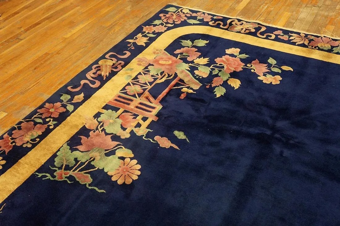 Pretty Navy Background Color With Flowers Border in a Chinoiserie Pattern Antique Chinese Art Deco R - 5