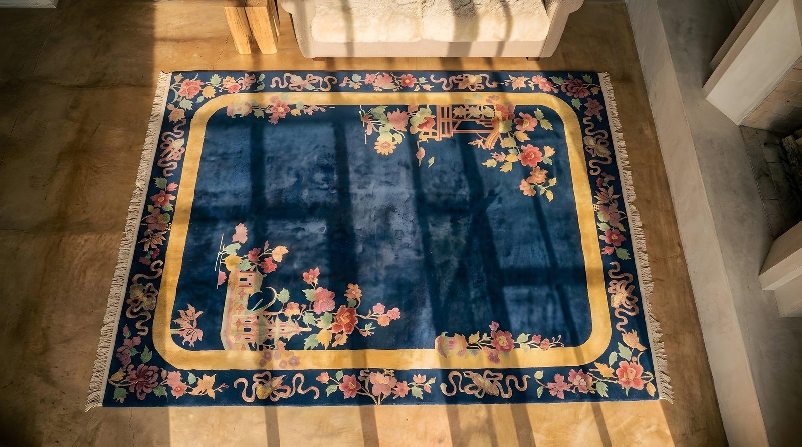 Pretty Navy Background Color With Flowers Border in a Chinoiserie Pattern Antique Chinese Art Deco R - 7