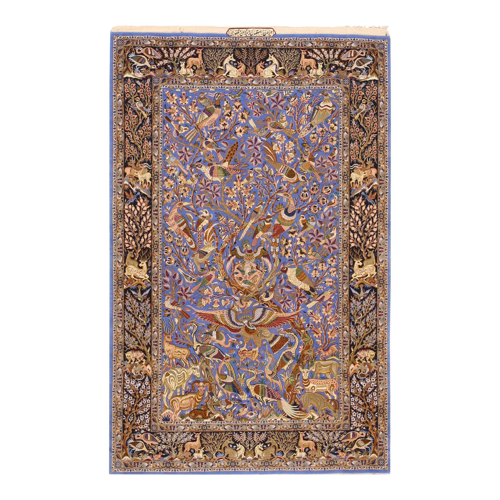 1940s Blue Animalia Antique Persian Isfahan Rug 3' 2" X 5' 6" Silk Wool Handknotted Carpet: Mid 20th Century Persian Isfahan Silk Carpet ( 3' 2" x 5' 6" - 97 x 167 cm ) A one-of-a-kind vintage Isfahan rug, The composition is built on a blue ground, woven from a combination of silk and wool p