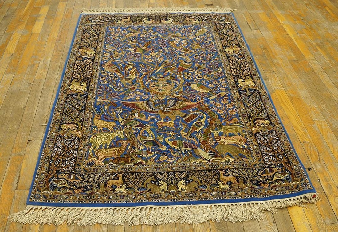 1940s Blue Animalia Antique Persian Isfahan Rug 3' 2" X 5' 6" Silk Wool Handknotted Carpet - 2