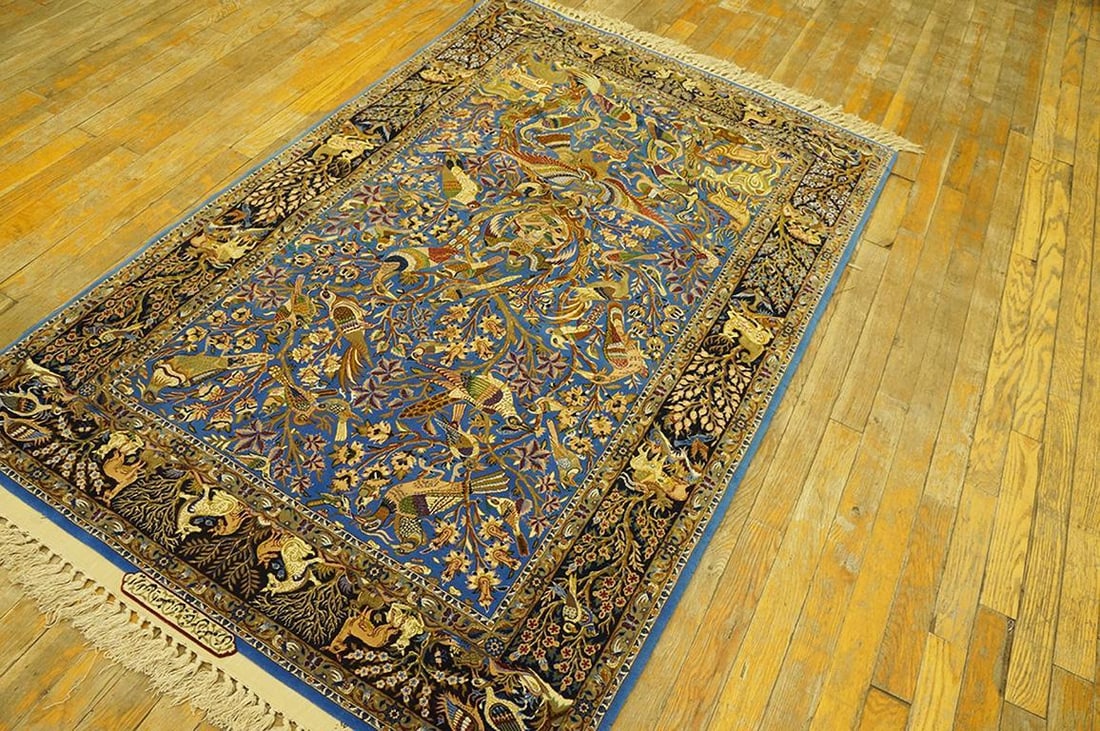 1940s Blue Animalia Antique Persian Isfahan Rug 3' 2" X 5' 6" Silk Wool Handknotted Carpet - 3
