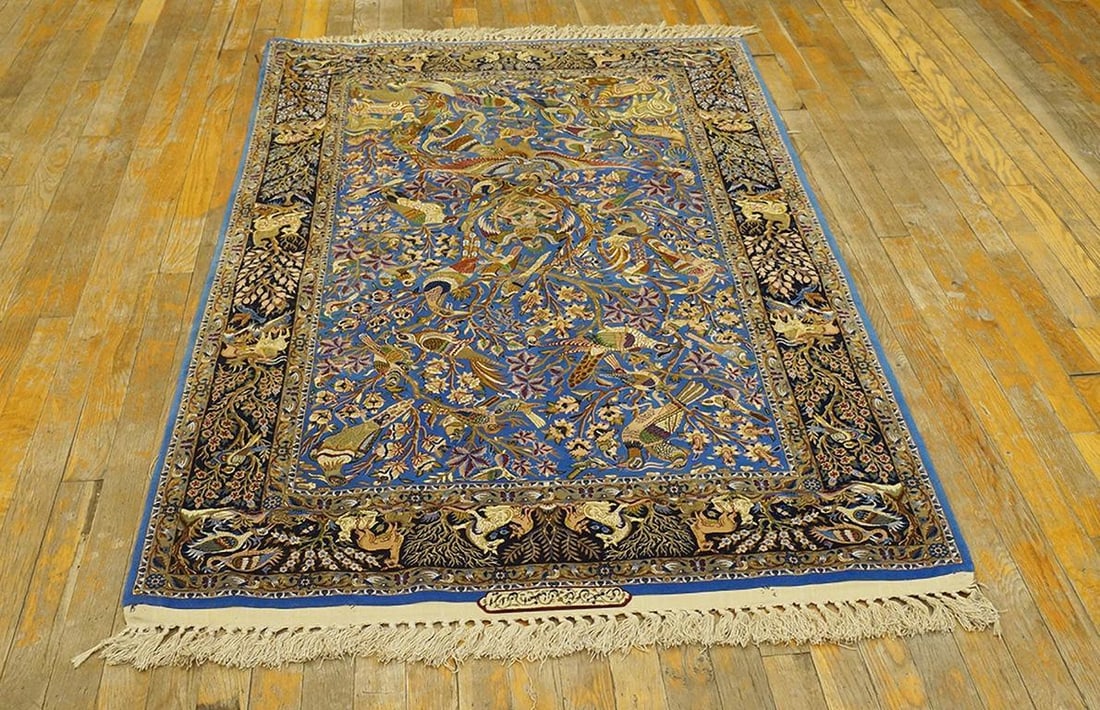 1940s Blue Animalia Antique Persian Isfahan Rug 3' 2" X 5' 6" Silk Wool Handknotted Carpet - 4