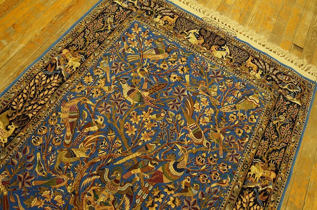 1940s Blue Animalia Antique Persian Isfahan Rug 3' 2" X 5' 6" Silk Wool Handknotted Carpet - 5