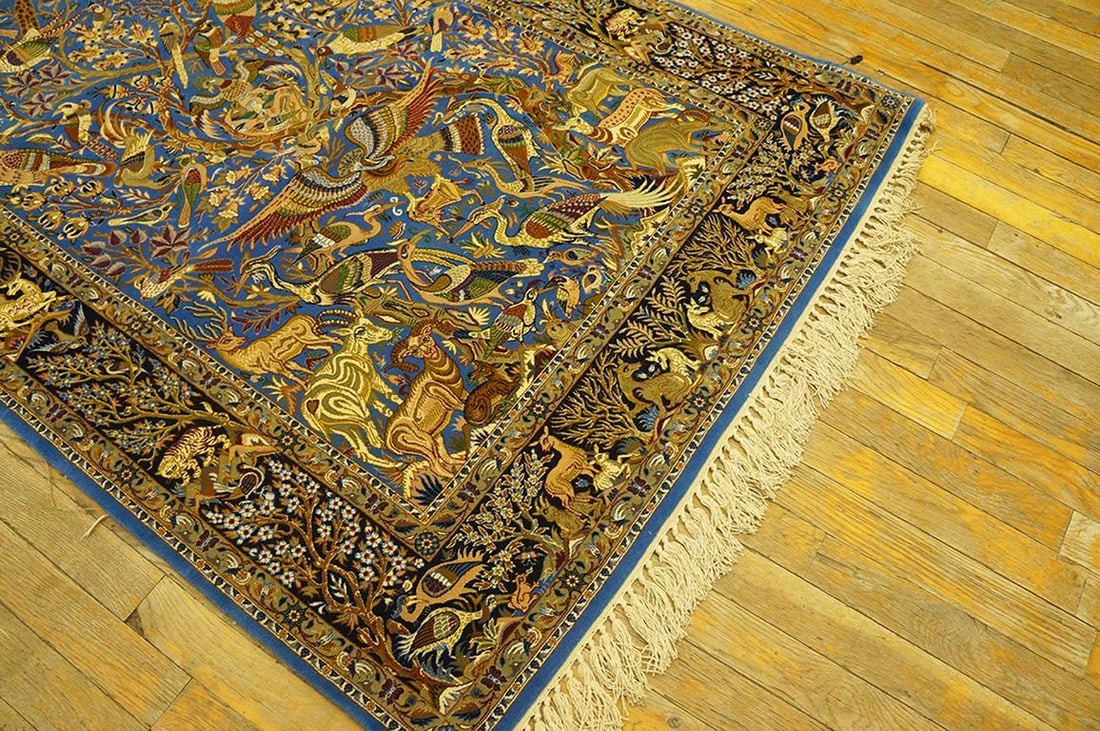 1940s Blue Animalia Antique Persian Isfahan Rug 3' 2" X 5' 6" Silk Wool Handknotted Carpet - 6