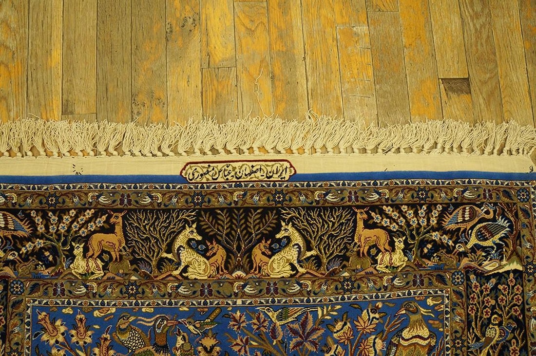 1940s Blue Animalia Antique Persian Isfahan Rug 3' 2" X 5' 6" Silk Wool Handknotted Carpet - 7